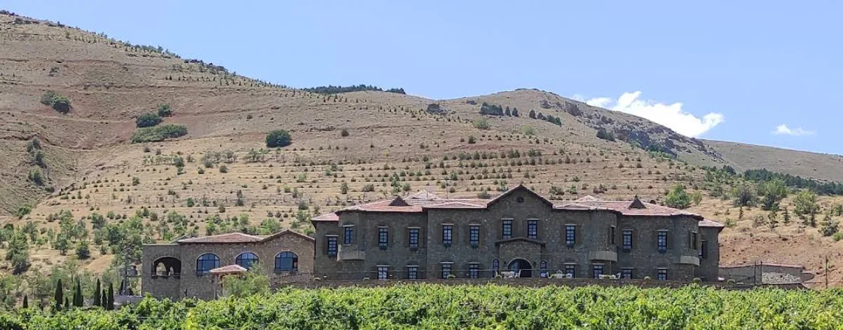 Bağlar ve tepelerin önünde taş otel binası